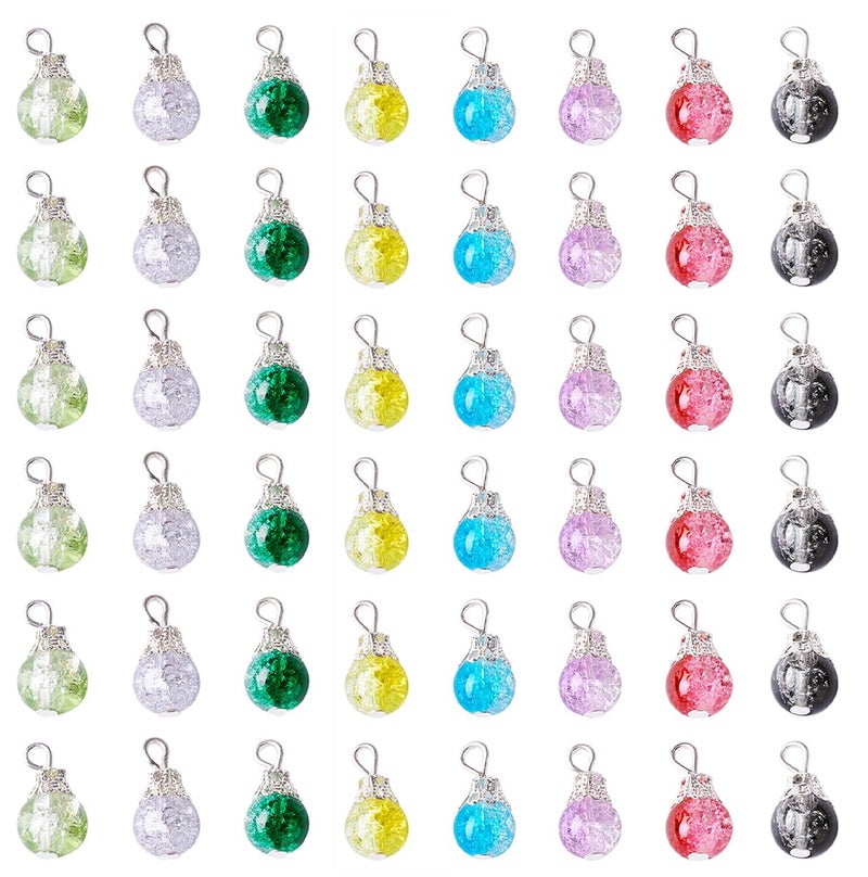 KISSITTY 80-Piece Transparent Crackle Glass Drop Beads 8 Colors Handmade Dangle Glass Charms with Bead Cap for DIY Jewelry Making - Image 1